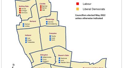 Map showing the elected ward councillors for each ward within Kensington and Chelsea.